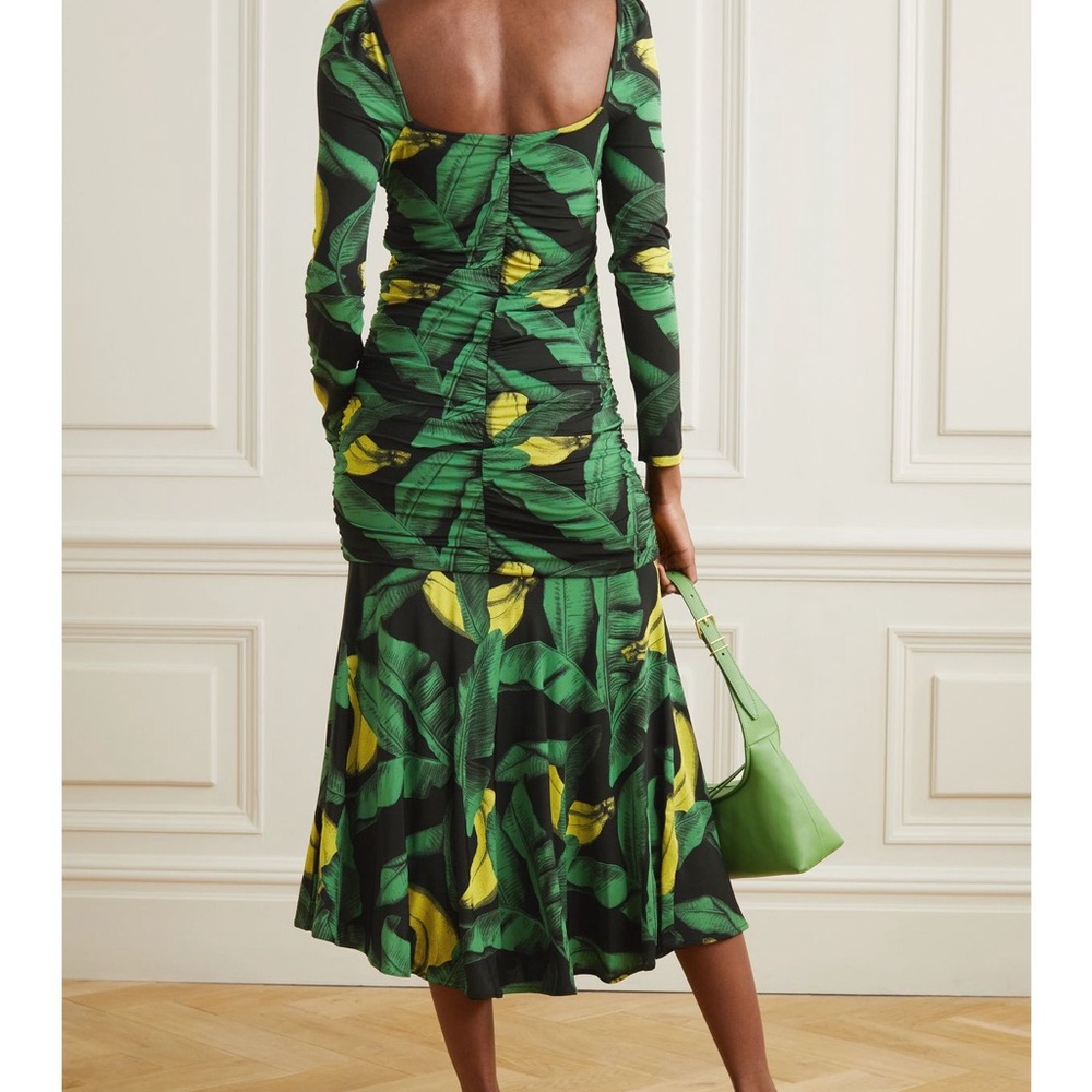 Ganni Green and Yellow Leaf Print Dress with Green Bag